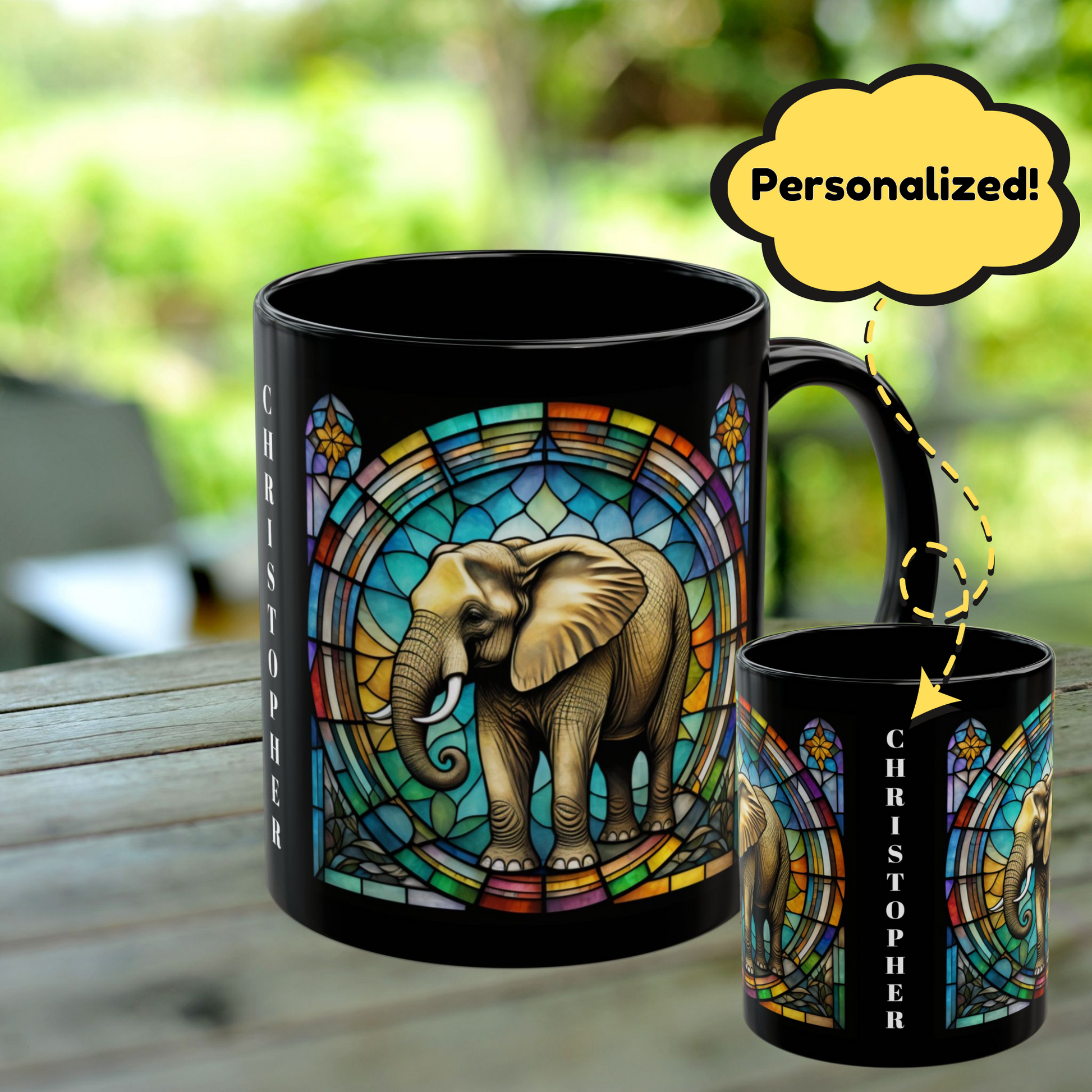 Elephant Bear Personalized Mug, Stained Glass Zoo Animal Design, Unique Ceramic Gift for Wildlife Lovers, Coffee, Tea, & Hot Chocolate Cup