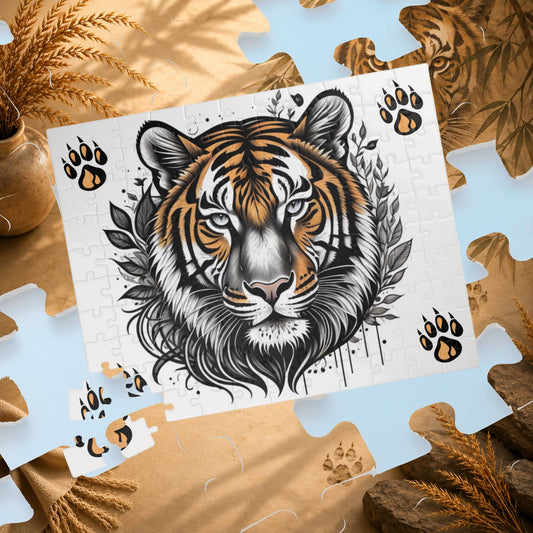 Empower Your Mind - Ink and Orange Tiger Puzzle with Botanical Leaves and Paw Prints on White