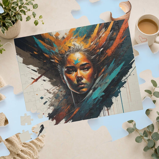 Empowerment Hues - Woman's Portrait Puzzle with Explosive Abstract Brushstrokes in Orange and Teal