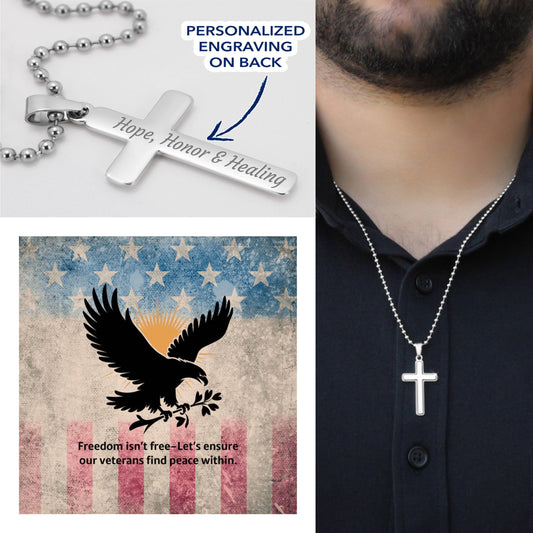 Freedom Isn't Free Cross Necklace | Engraved Stainless Steel Pendant for Veterans, Memorial Gift, PTSD Support Jewelry