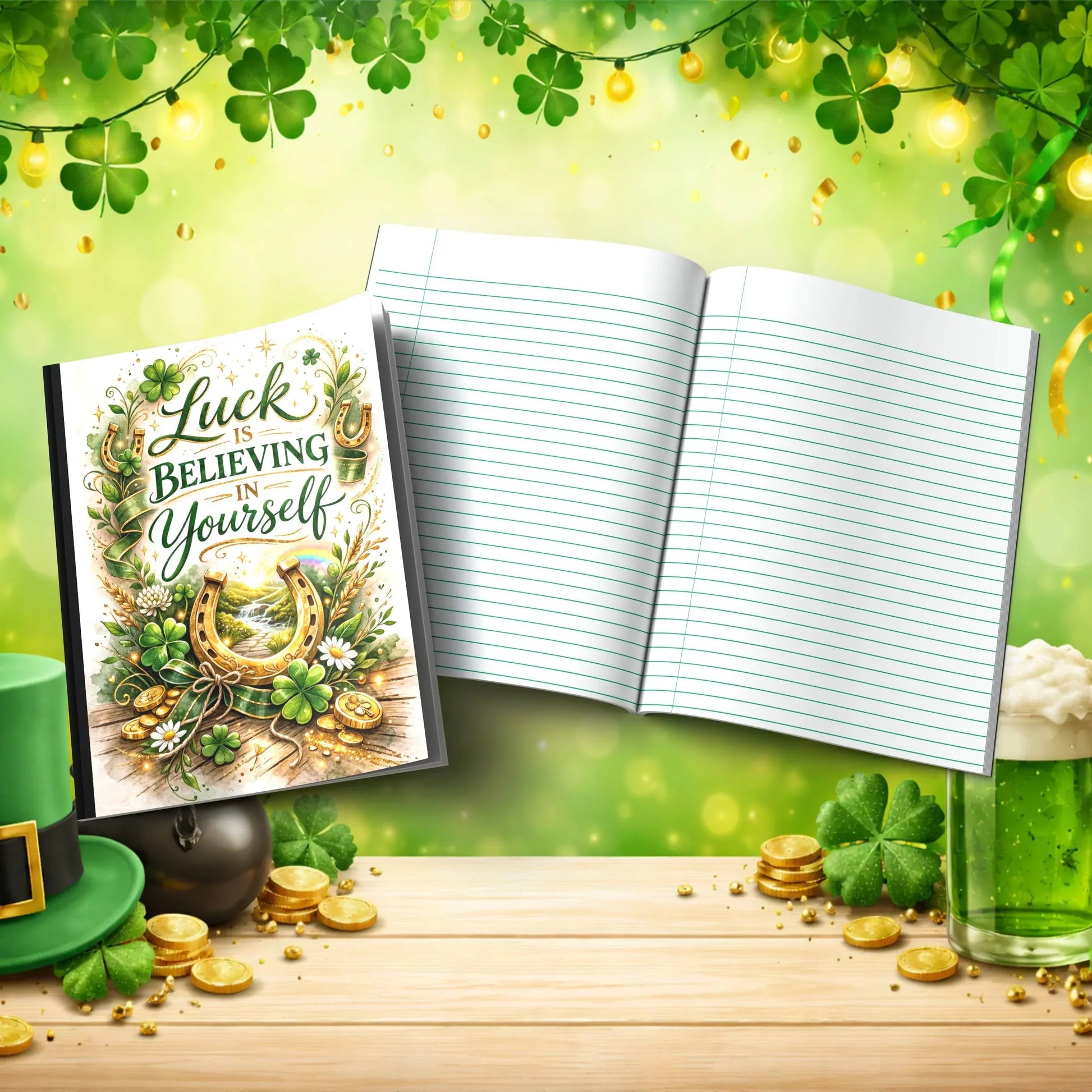 Shop our luck is believing in yourself st patricks day journal featuring the Shamrock Green Lined style option from MySisterIsASurvivor.