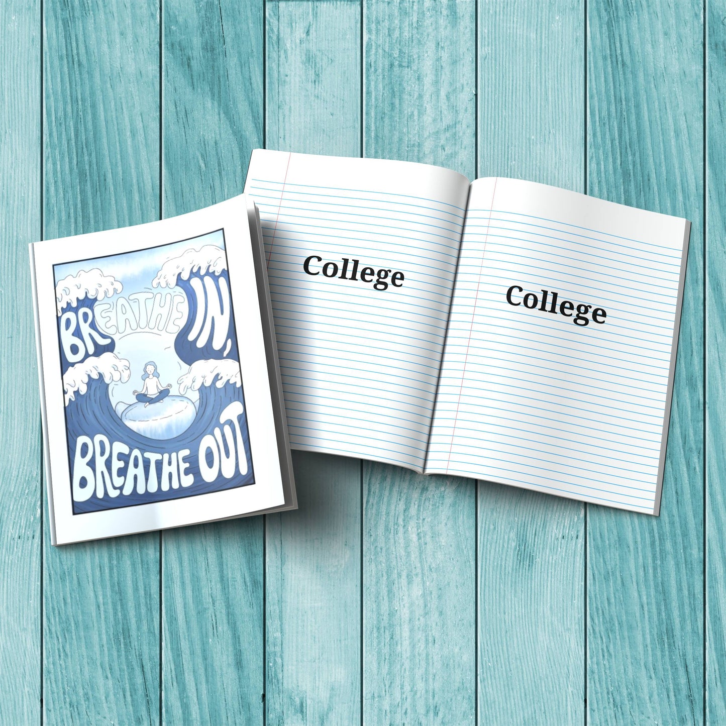 Breathe In Breathe Out composition notebook with sturdy cardstock cover, ideal for self-care journaling and mindfulness writing.