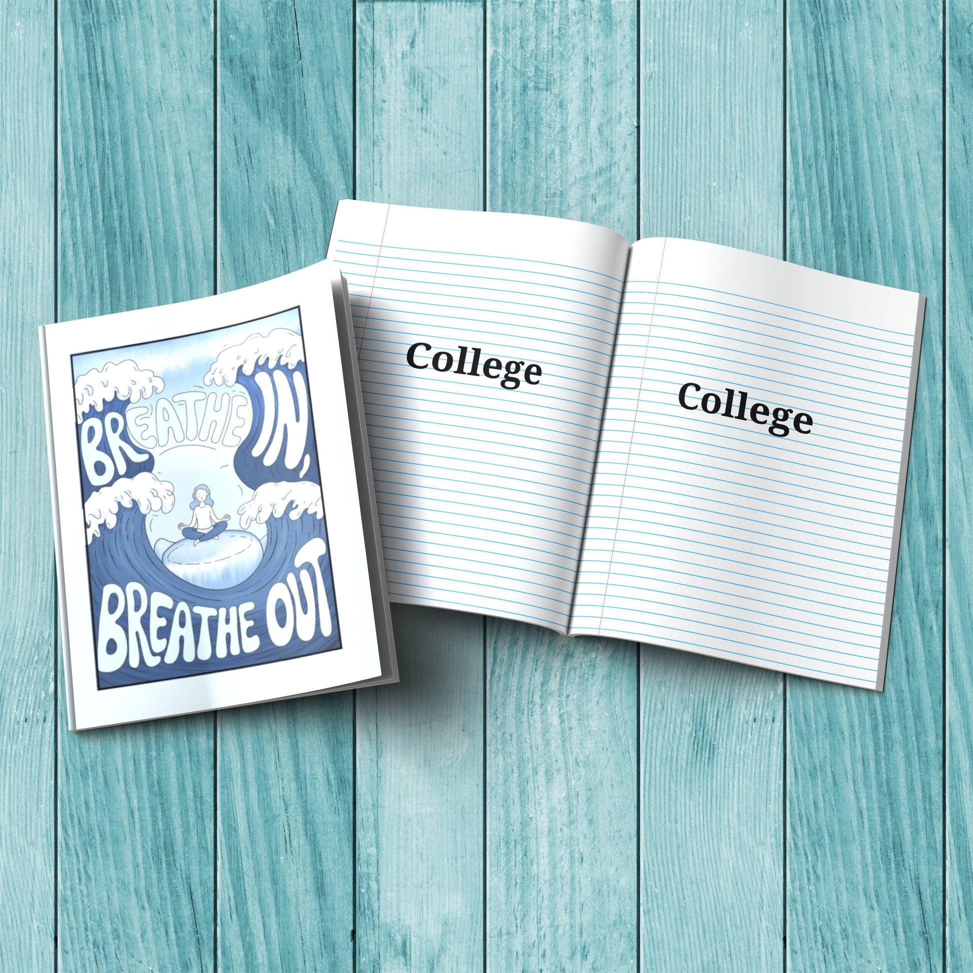 Breathe In Breathe Out composition notebook with sturdy cardstock cover, ideal for self-care journaling and mindfulness writing.