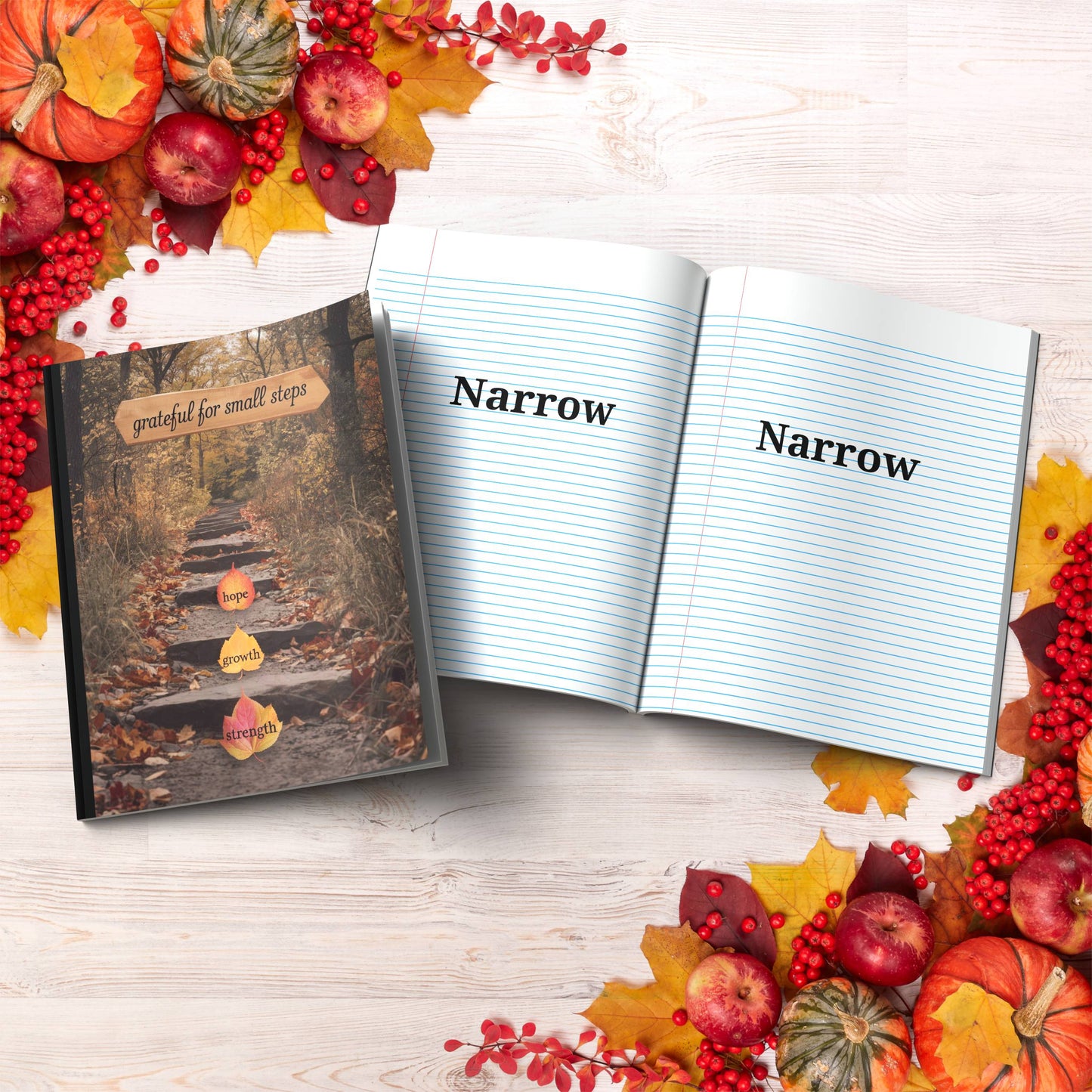 Grateful For Small Steps paperback composition notebook for gratitude journaling and reflection.