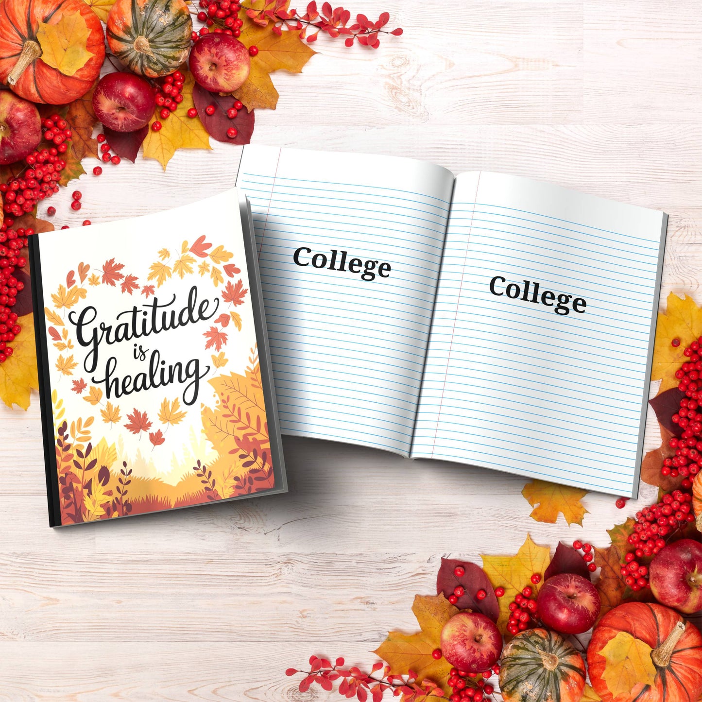 Gratitude Is Healing paperback composition notebook for gratitude, wellness, and inspirational journaling.