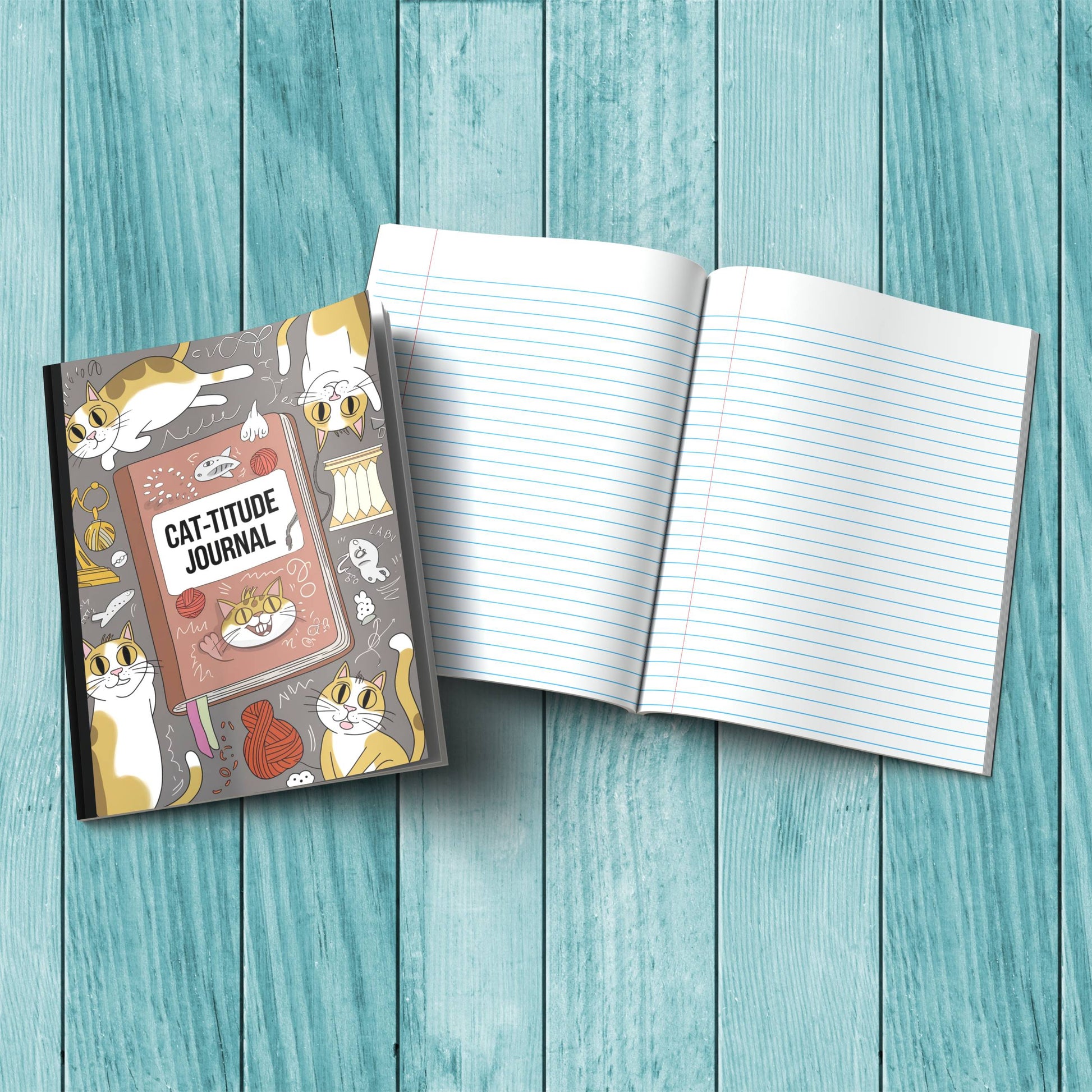 Sturdy cardstock cover Cat-titude notebook for therapy notes, affirmations, and self-care journaling.