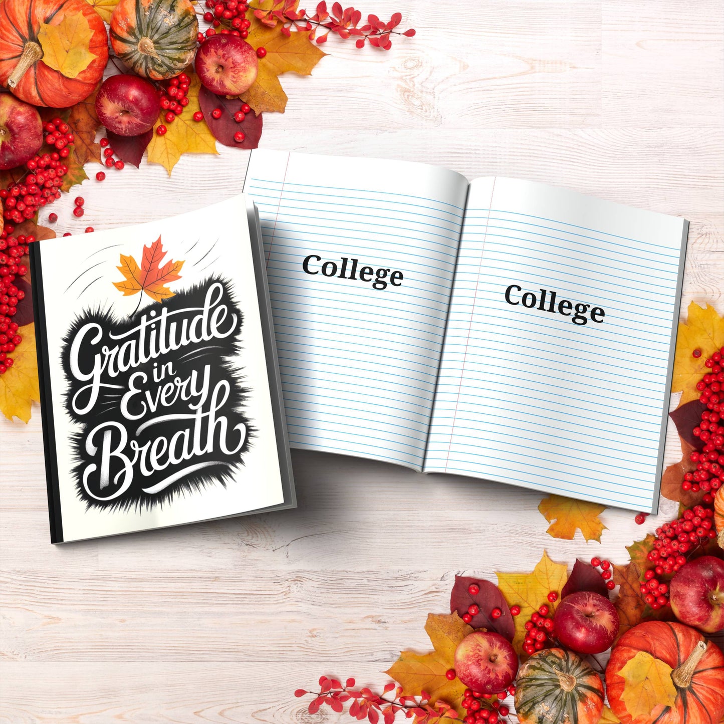 Gratitude In Every Breath paperback composition notebook for mindfulness, reflection, and journaling.