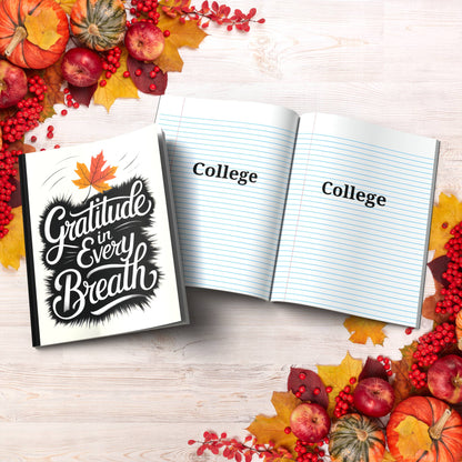 Gratitude In Every Breath paperback composition notebook for mindfulness, reflection, and journaling.