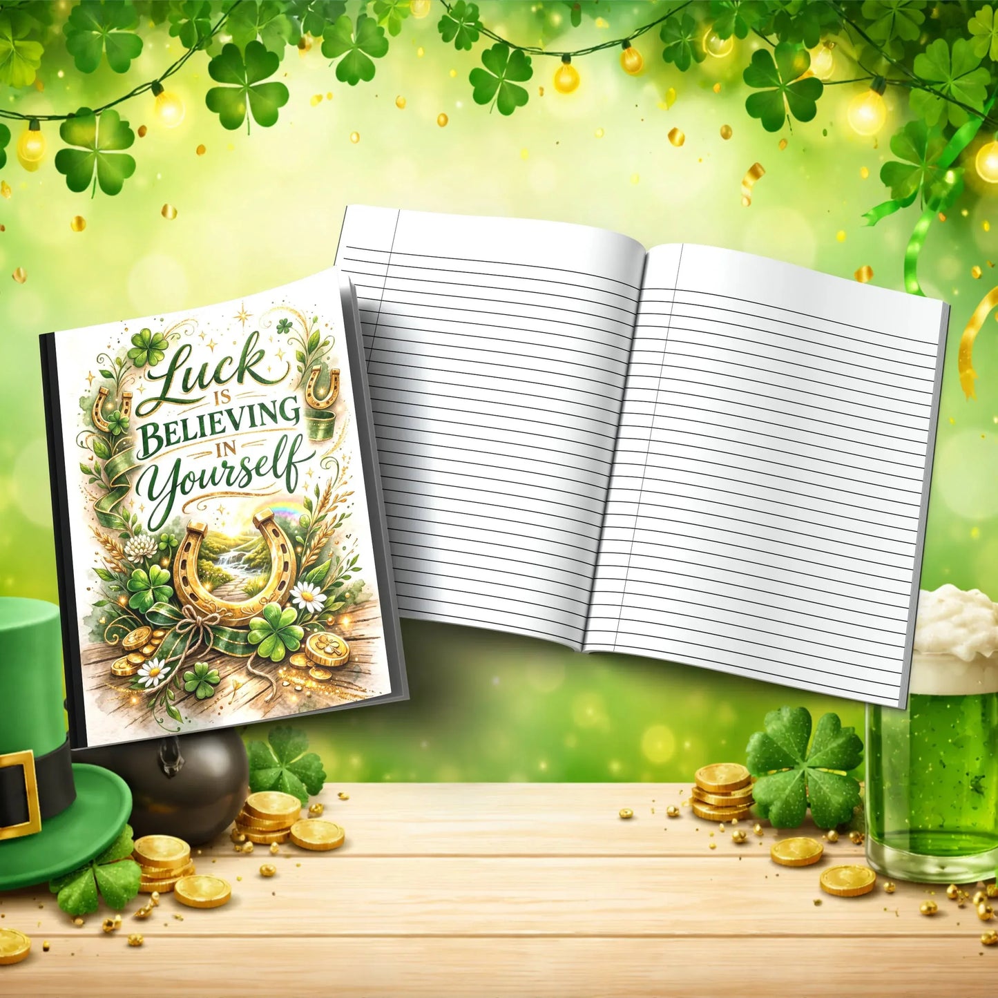 Shop our luck is believing in yourself st patricks day journal featuring the Black Lined style option from MySisterIsASurvivor.