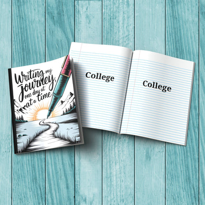 Writing My Journey One Day At A Time sturdy cover notebook for therapy notes, mindfulness, and affirmations.