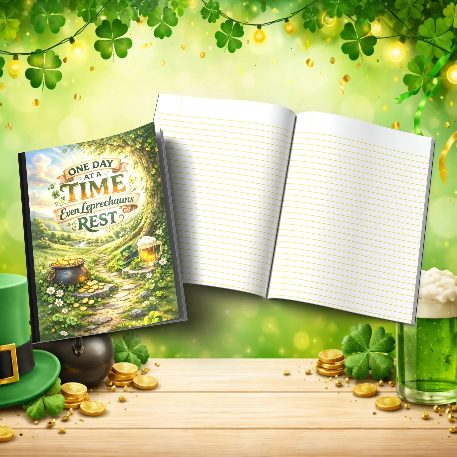 Shop our one day at a time even leprechauns rest st patricks day journal featuring the Black Lined style option from MySisterIsASurvivor.