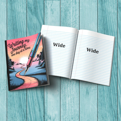 Sturdy cardstock cover Writing My Journey One Day At A Time composition notebook for self-care and daily journaling.