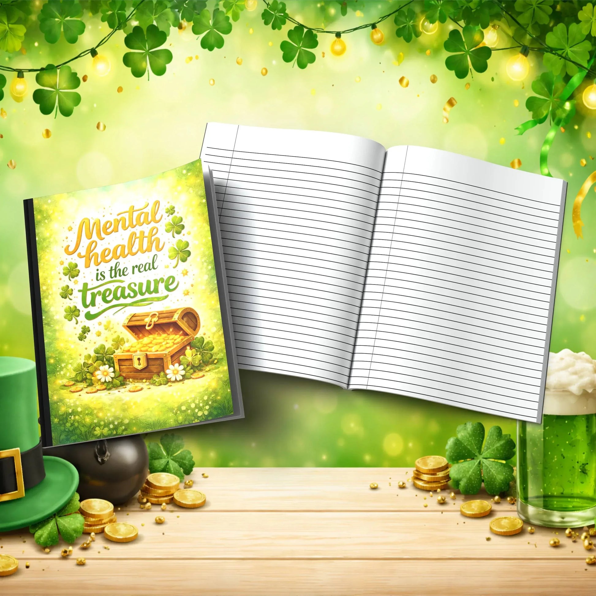 Shop our mental health is the real treasure st patricks day journal featuring the Shamrock Green Lined style option from MySisterIsASurvivor.