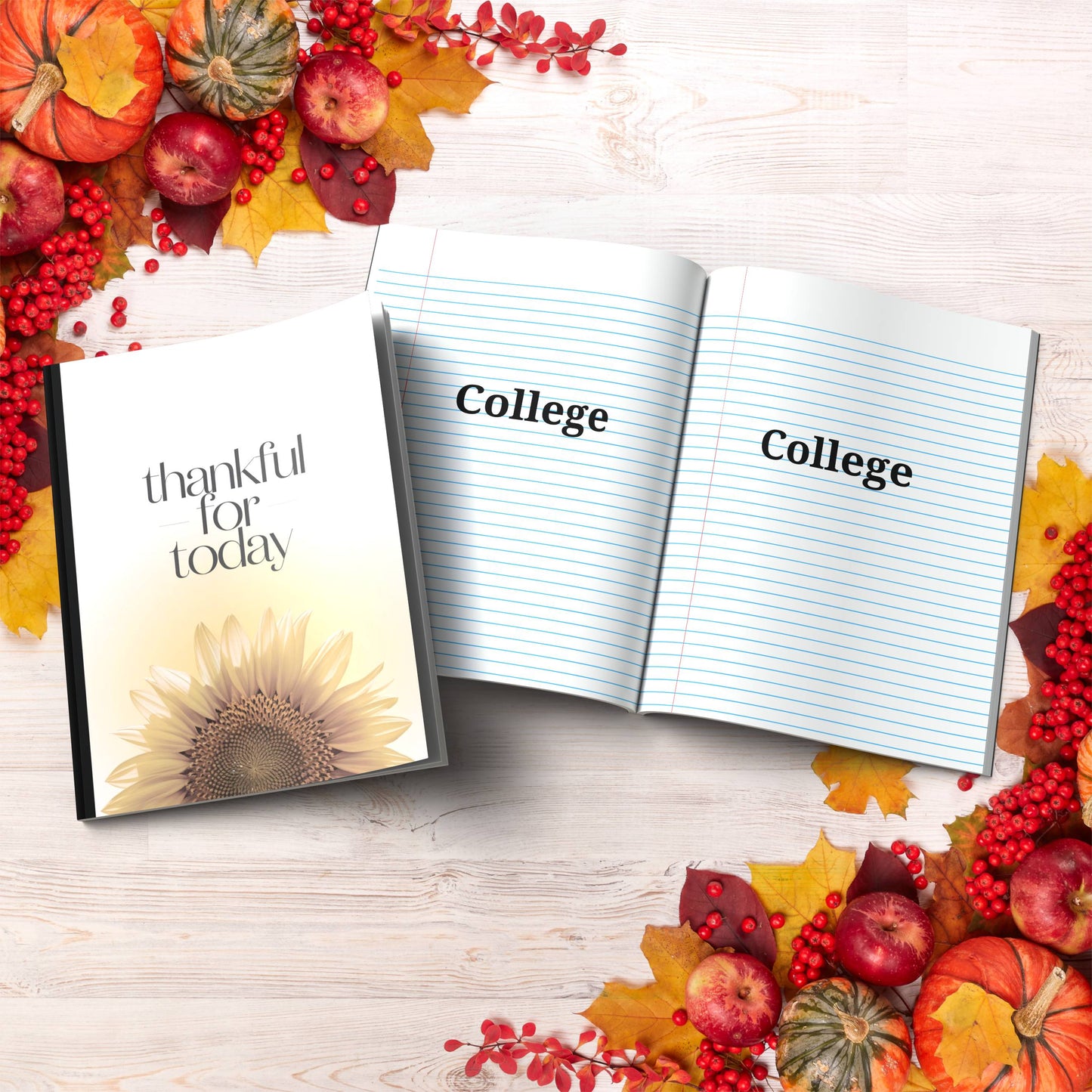 Thankful For Today paperback composition notebook for positivity, reflection, and mindful writing.