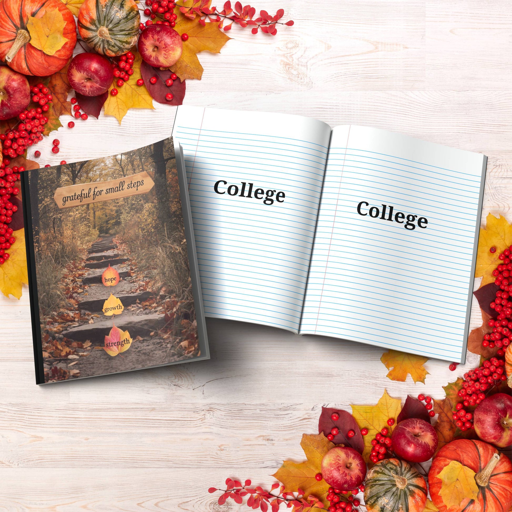 Grateful For Small Steps paperback composition notebook for gratitude journaling and reflection.