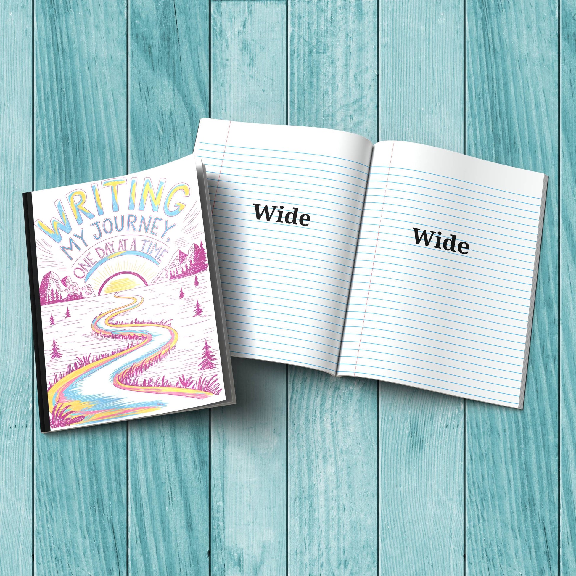 Sturdy cardstock cover Writing My Journey One Day At A Time notebook for journaling, wellness, and mindfulness practices.