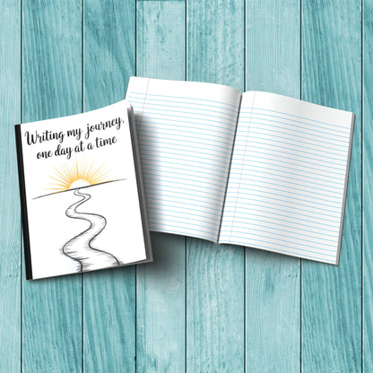 Inspirational Writing My Journey One Day At A Time sturdy cardstock cover composition notebook for self-care writing.