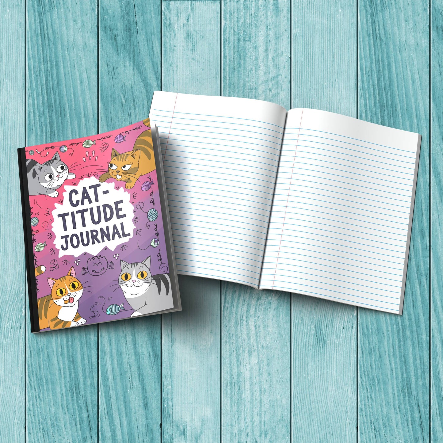 Cat-titude journal composition notebook with sturdy cardstock cover, perfect for daily mindfulness and anxiety relief.