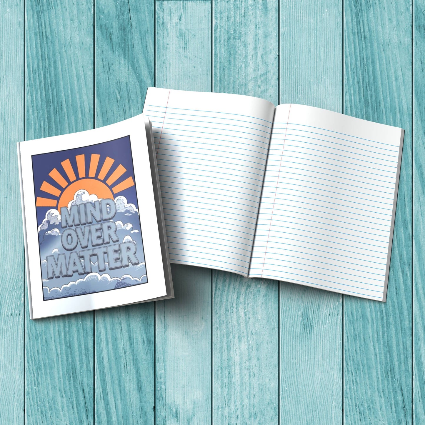 Mind Over Matter sturdy cardstock cover composition notebook for mindfulness, wellness reflections, and journaling.