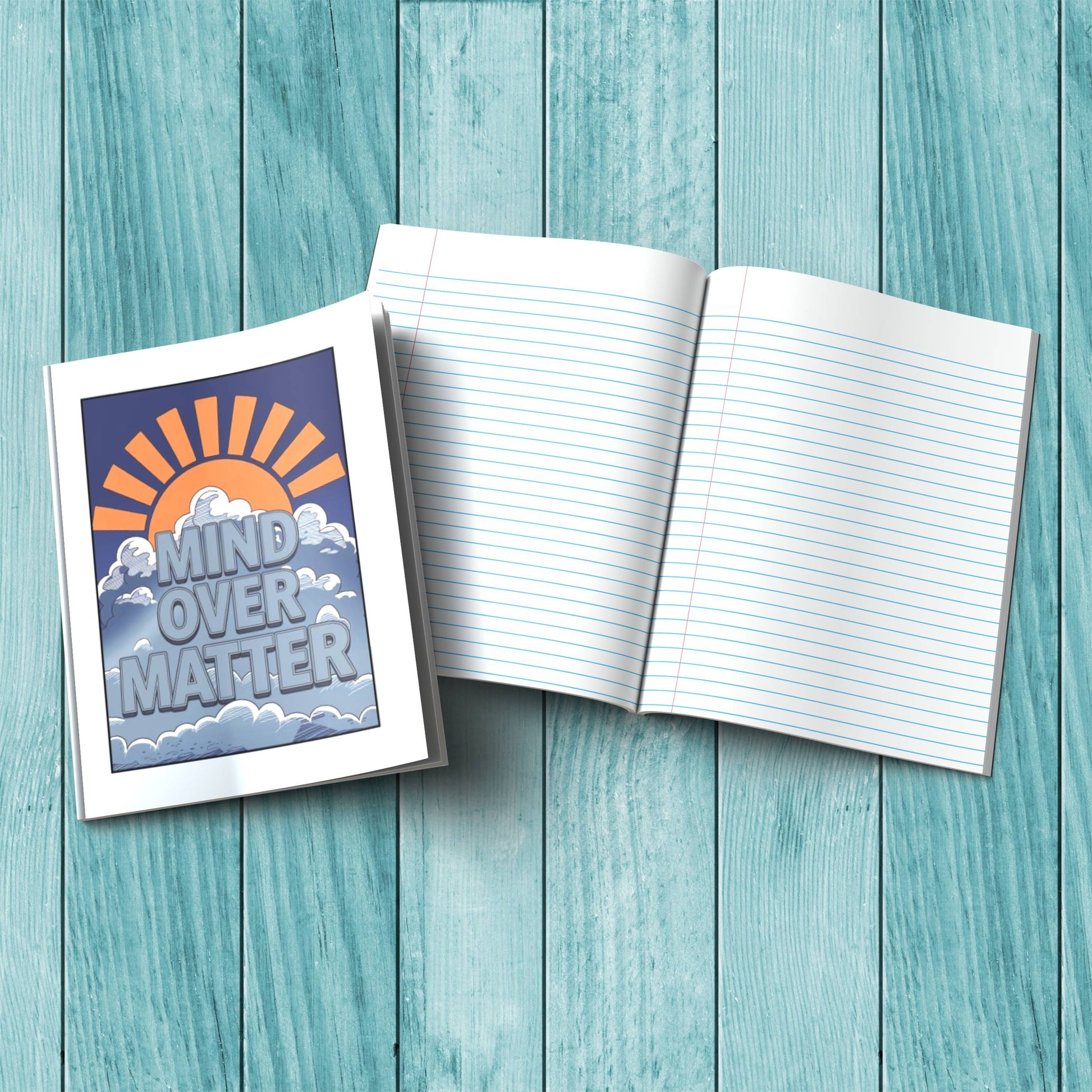 Mind Over Matter sturdy cardstock cover composition notebook for mindfulness, wellness reflections, and journaling.