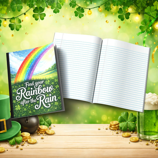 Shop our find your rainbow after the rain st patricks day journal featuring the Gold Lined style option from MySisterIsASurvivor.