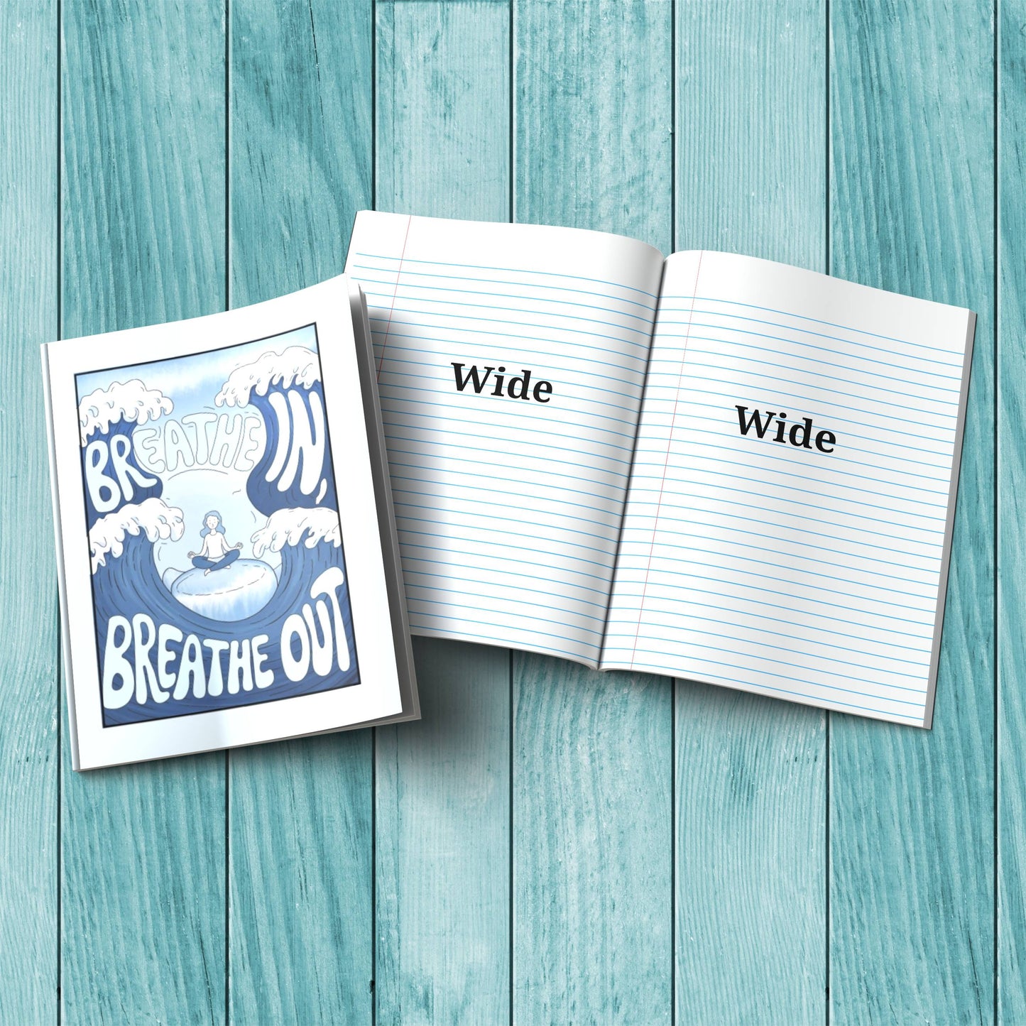 Breathe In Breathe Out composition notebook with sturdy cardstock cover, ideal for self-care journaling and mindfulness writing.