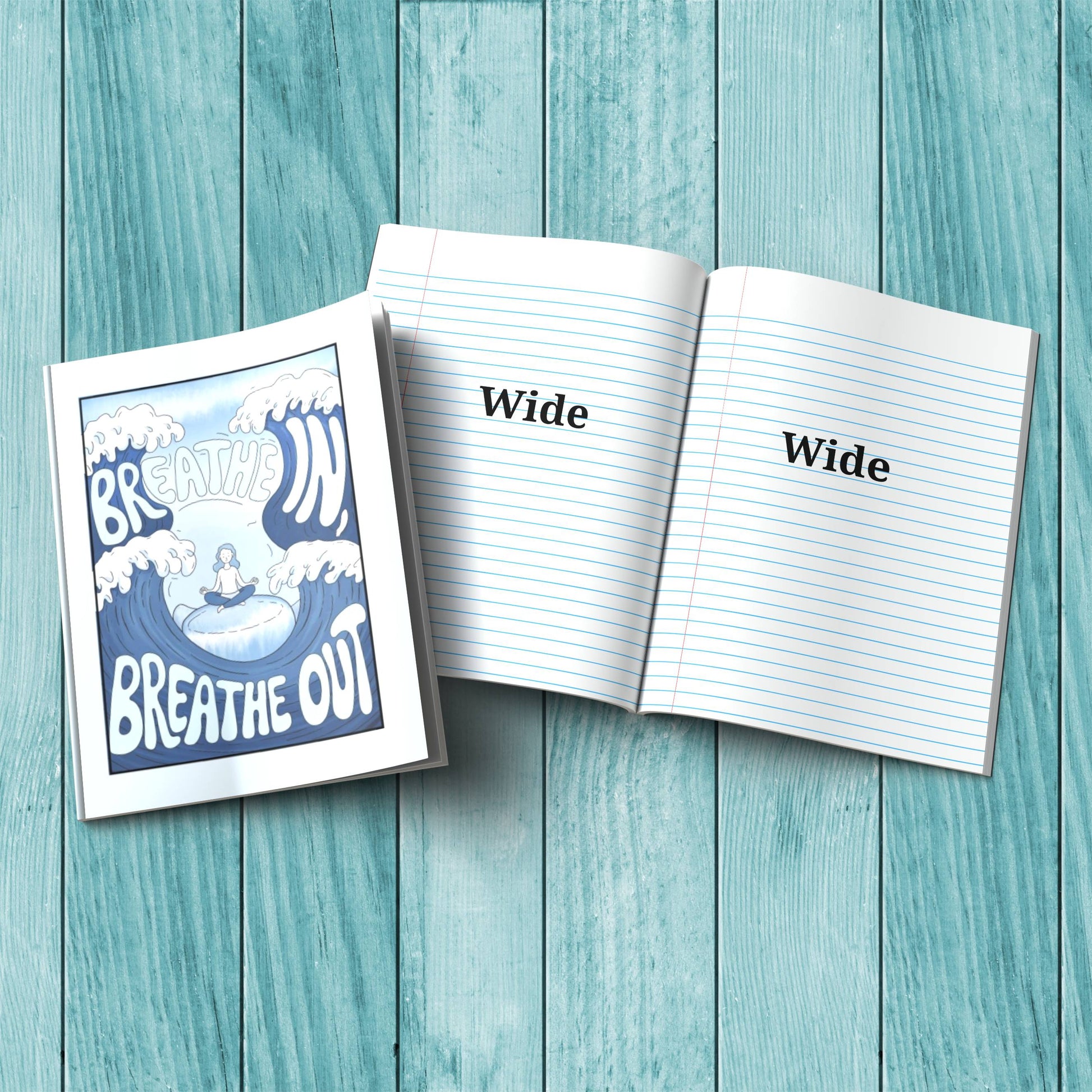 Breathe In Breathe Out composition notebook with sturdy cardstock cover, ideal for self-care journaling and mindfulness writing.