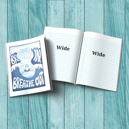 Breathe In Breathe Out composition notebook with sturdy cardstock cover, ideal for self-care journaling and mindfulness writing.
