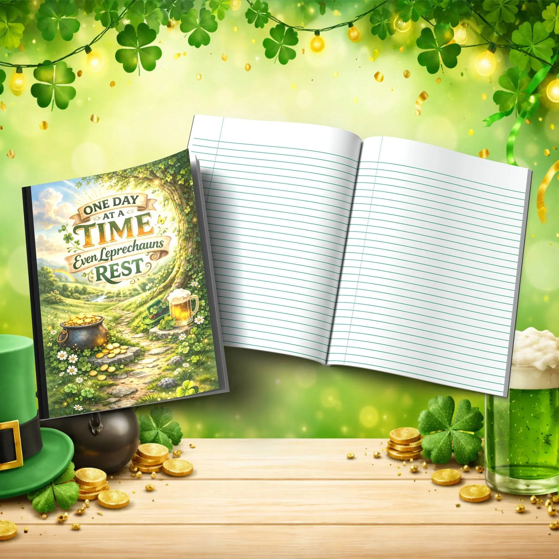 Shop our one day at a time even leprechauns rest st patricks day journal featuring the Shamrock Green Lined style option from MySisterIsASurvivor.