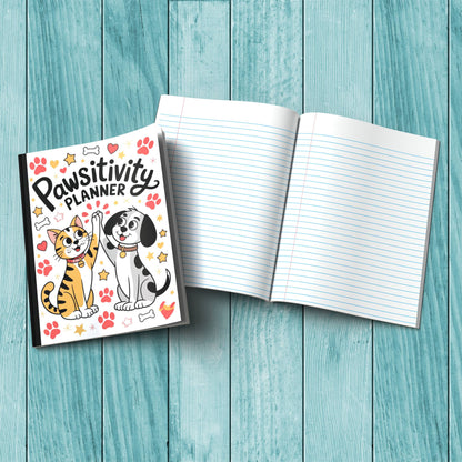Sturdy cardstock cover Pawsitivity Planner notebook for affirmations, wellness writing, and reflections.