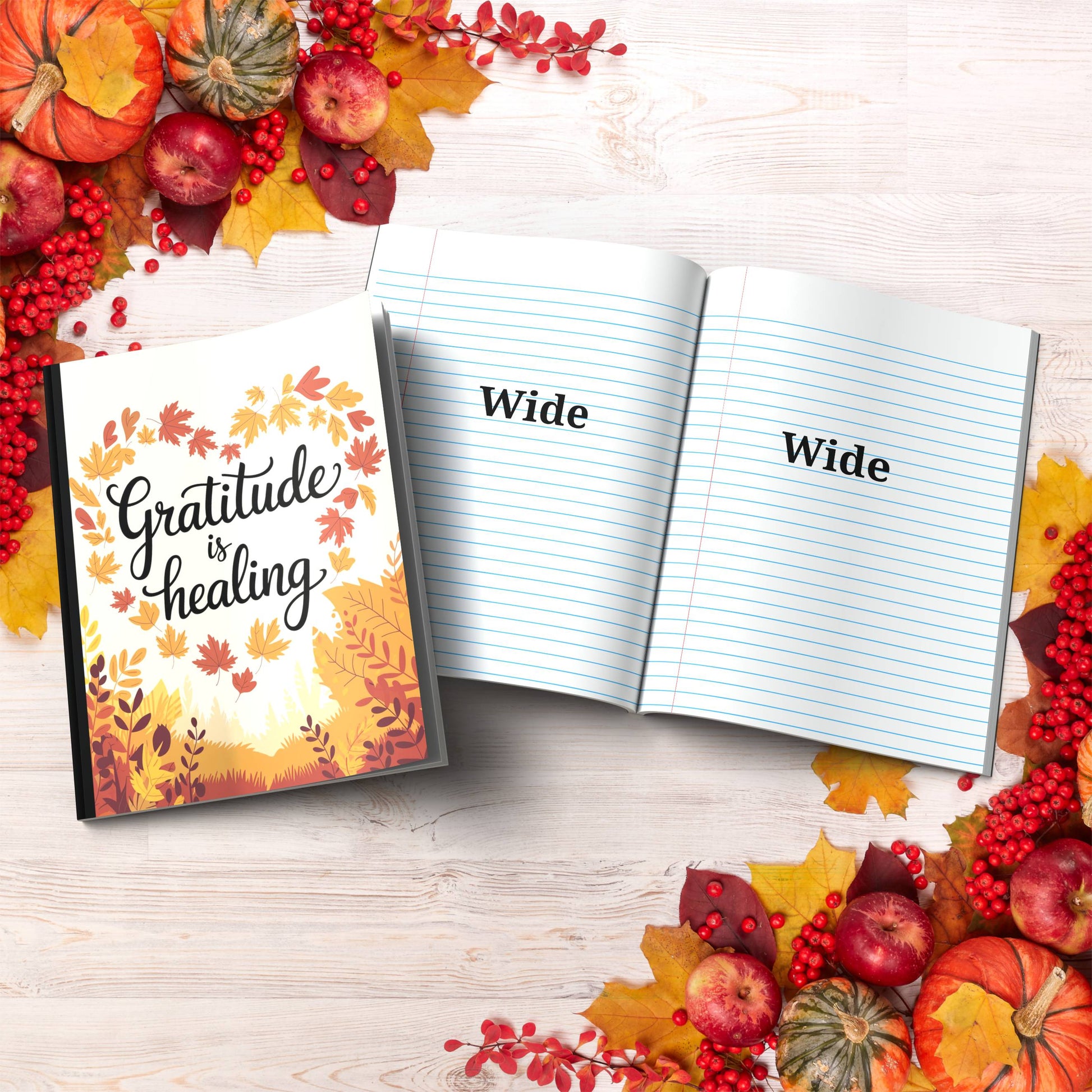 Gratitude Is Healing paperback composition notebook for gratitude, wellness, and inspirational journaling.