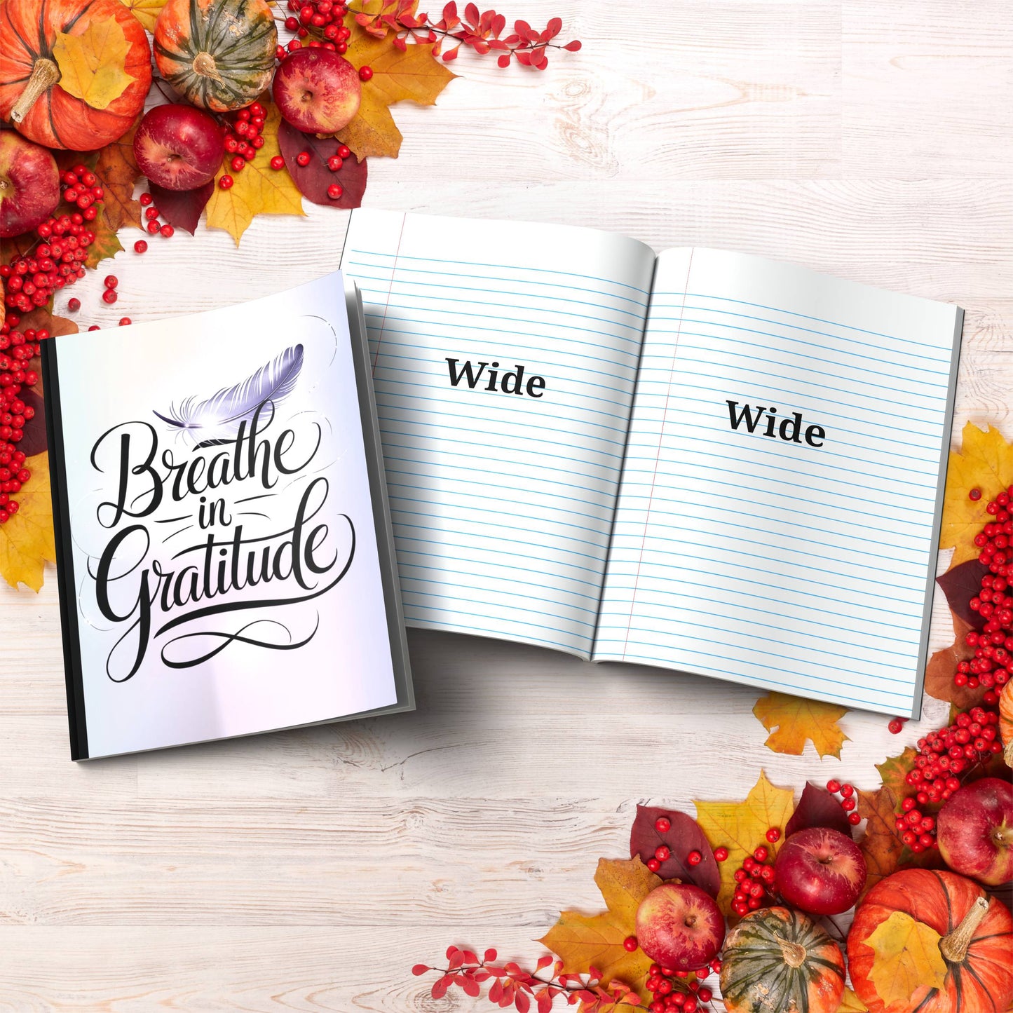 Breathe In Gratitude paperback composition notebook for mindfulness, journaling, and daily positivity.