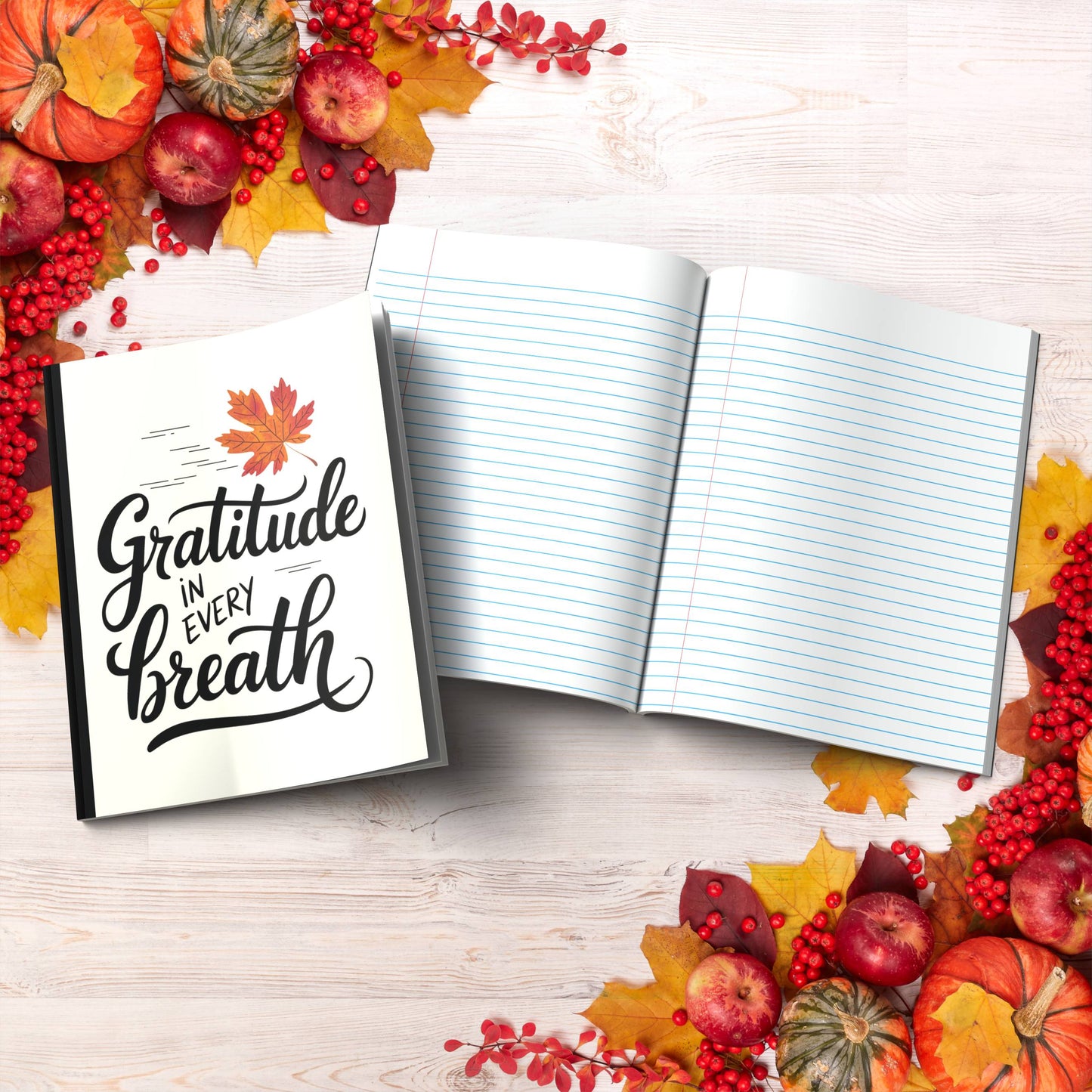 Gratitude In Every Breath paperback composition notebook for mindful writing and daily inspiration.