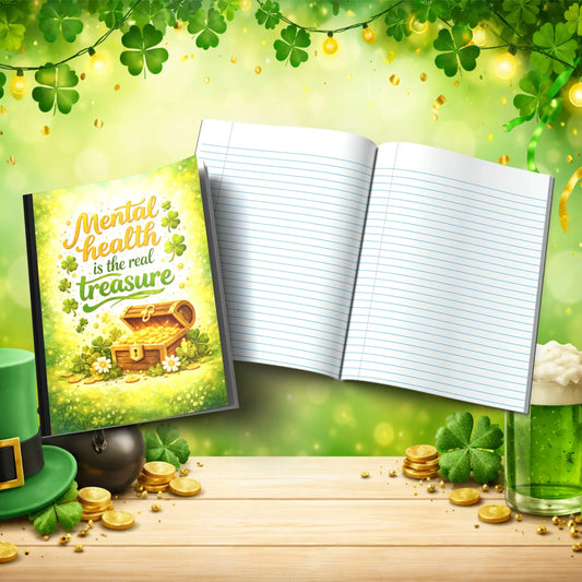 Shop our mental health is the real treasure st patricks day journal featuring the Gold Lined style option from MySisterIsASurvivor.