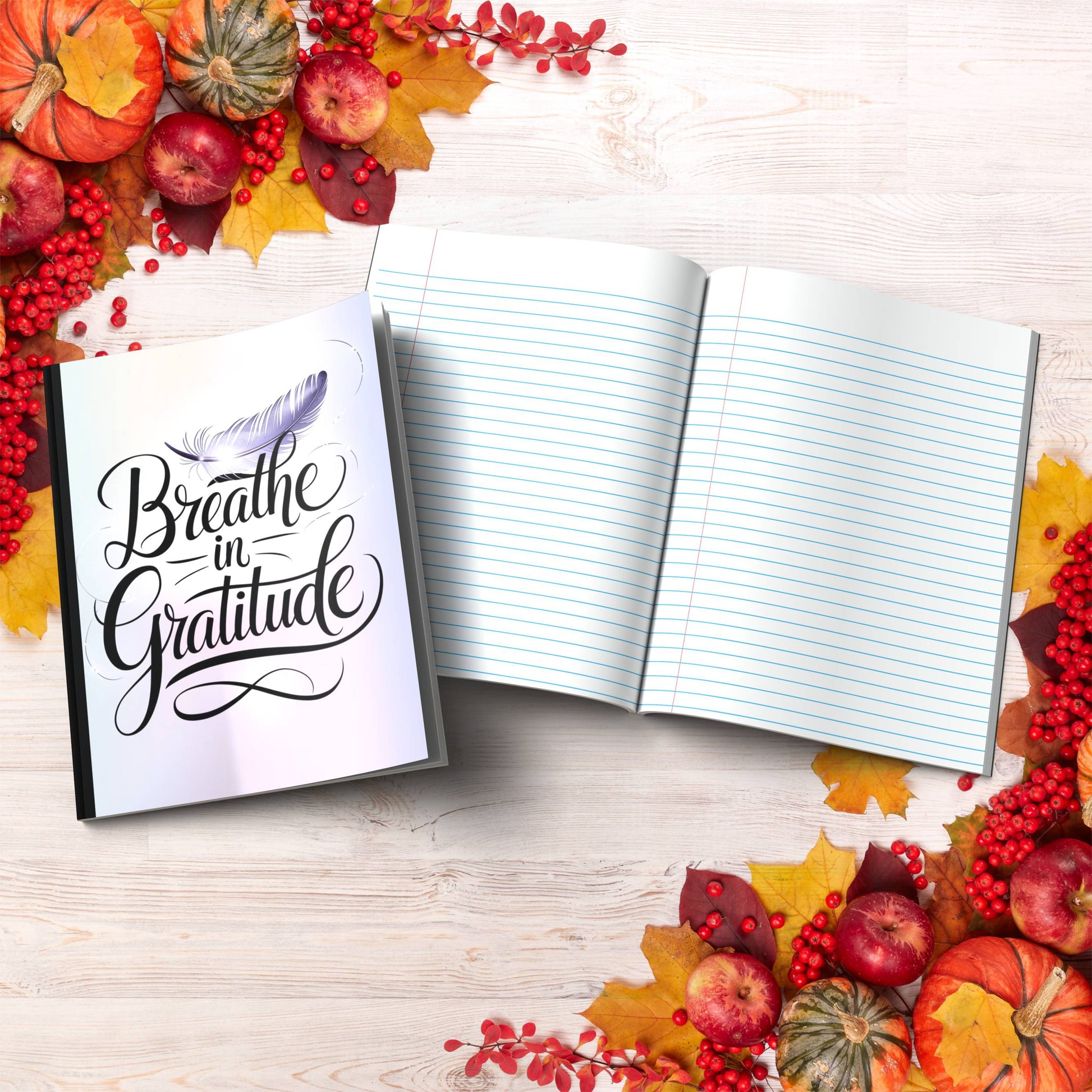 Breathe In Gratitude paperback composition notebook for mindfulness, journaling, and daily positivity.