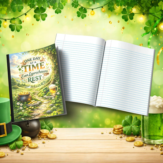 Shop our one day at a time even leprechauns rest st patricks day journal featuring the Gold Lined style option from MySisterIsASurvivor.