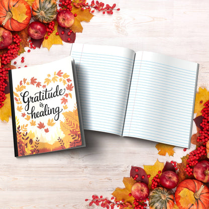 Gratitude Is Healing paperback composition notebook for gratitude, wellness, and inspirational journaling.