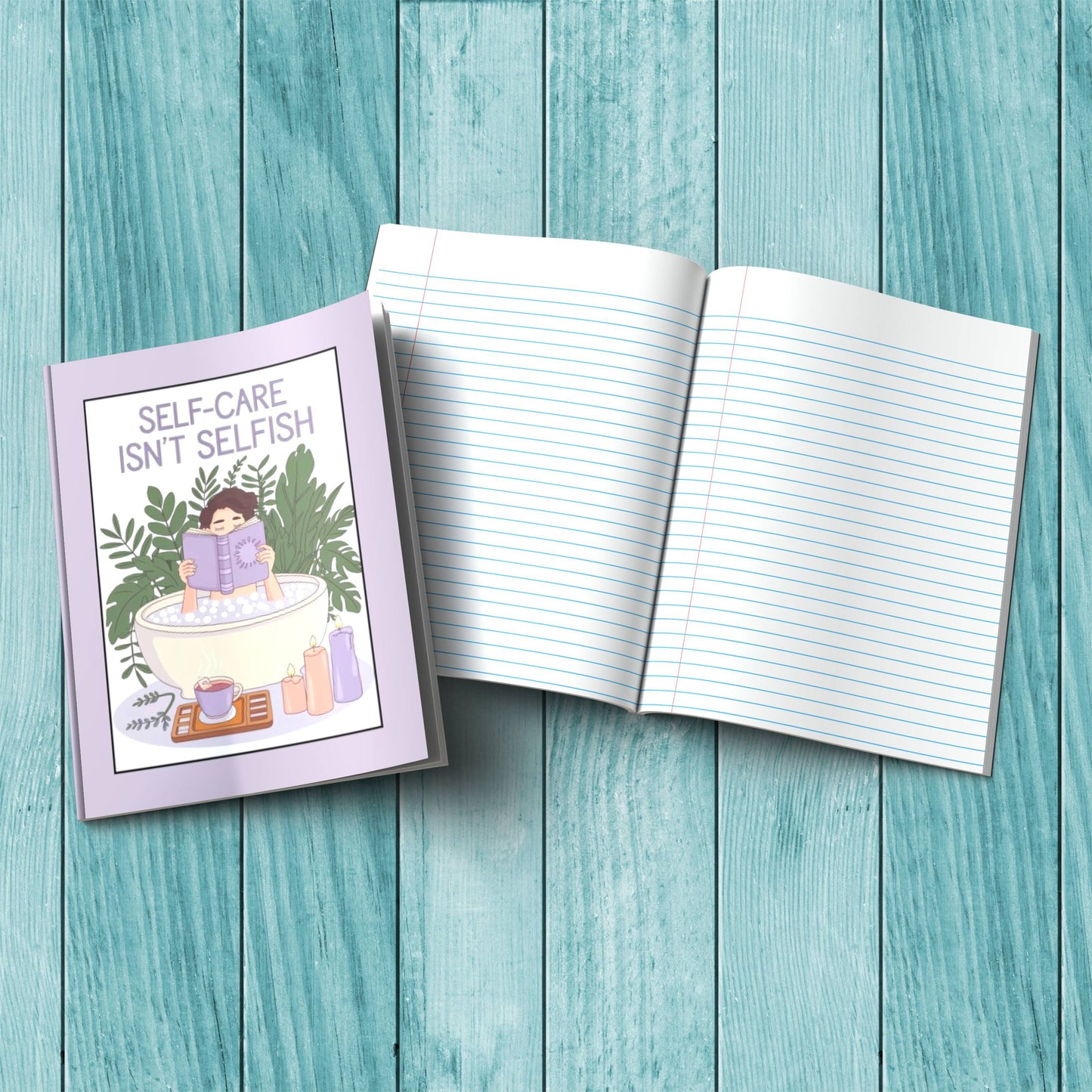 Self-Care Isn’t Selfish sturdy cardstock cover composition notebook for journaling, mindfulness, and self-care practices.