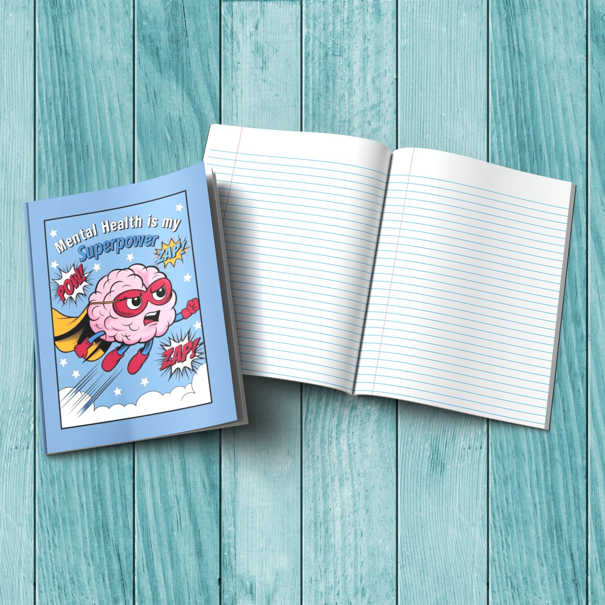 Mental Health Is My Superpower sturdy cardstock cover composition notebook for affirmations, therapy notes, and daily self-care journaling.