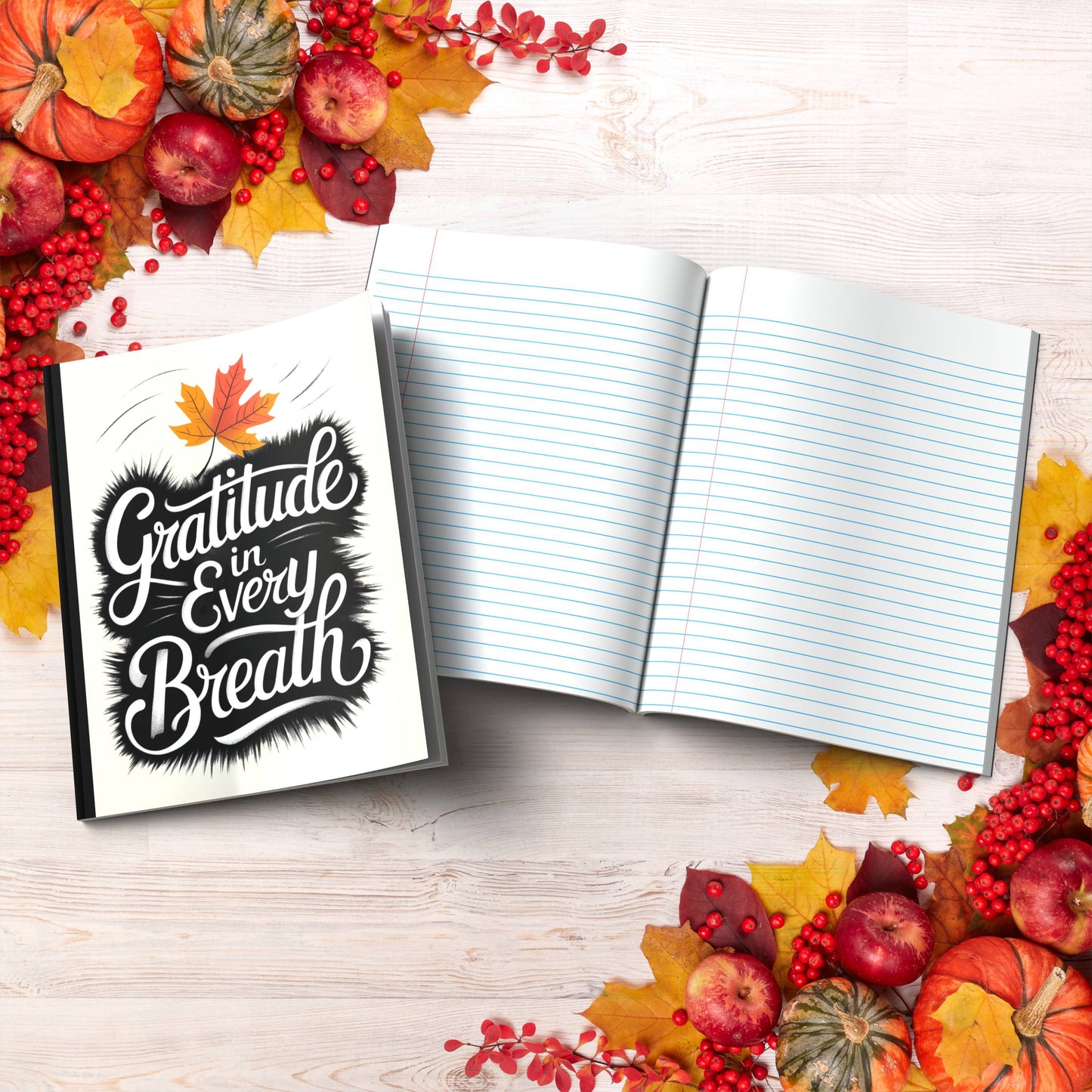 Gratitude In Every Breath paperback composition notebook for mindfulness, reflection, and journaling.