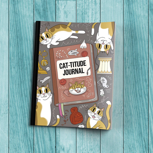 Sturdy cardstock cover Cat-titude notebook for therapy notes, affirmations, and self-care journaling.