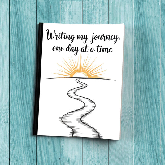 Inspirational Writing My Journey One Day At A Time sturdy cardstock cover composition notebook for self-care writing.