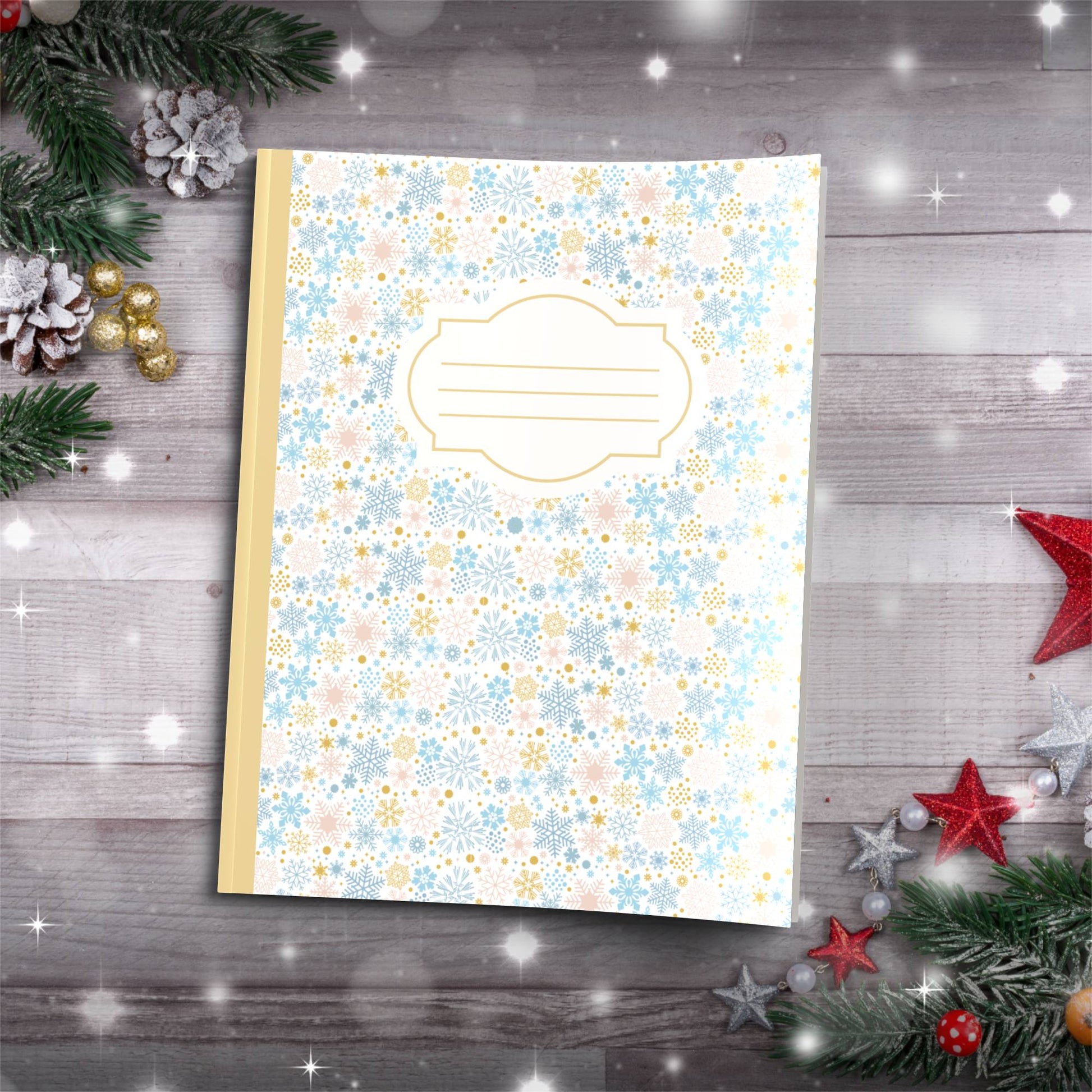 Blue & Tan Snowflake Holiday Pattern Paperback Christmas Composition Notebook for festive journaling and holiday writing
