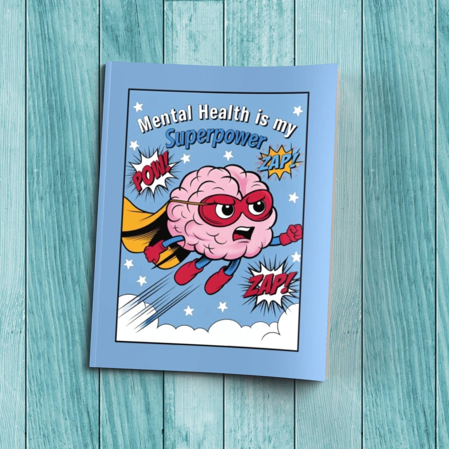 Mental Health Is My Superpower sturdy cardstock cover composition notebook for affirmations, therapy notes, and daily self-care journaling.