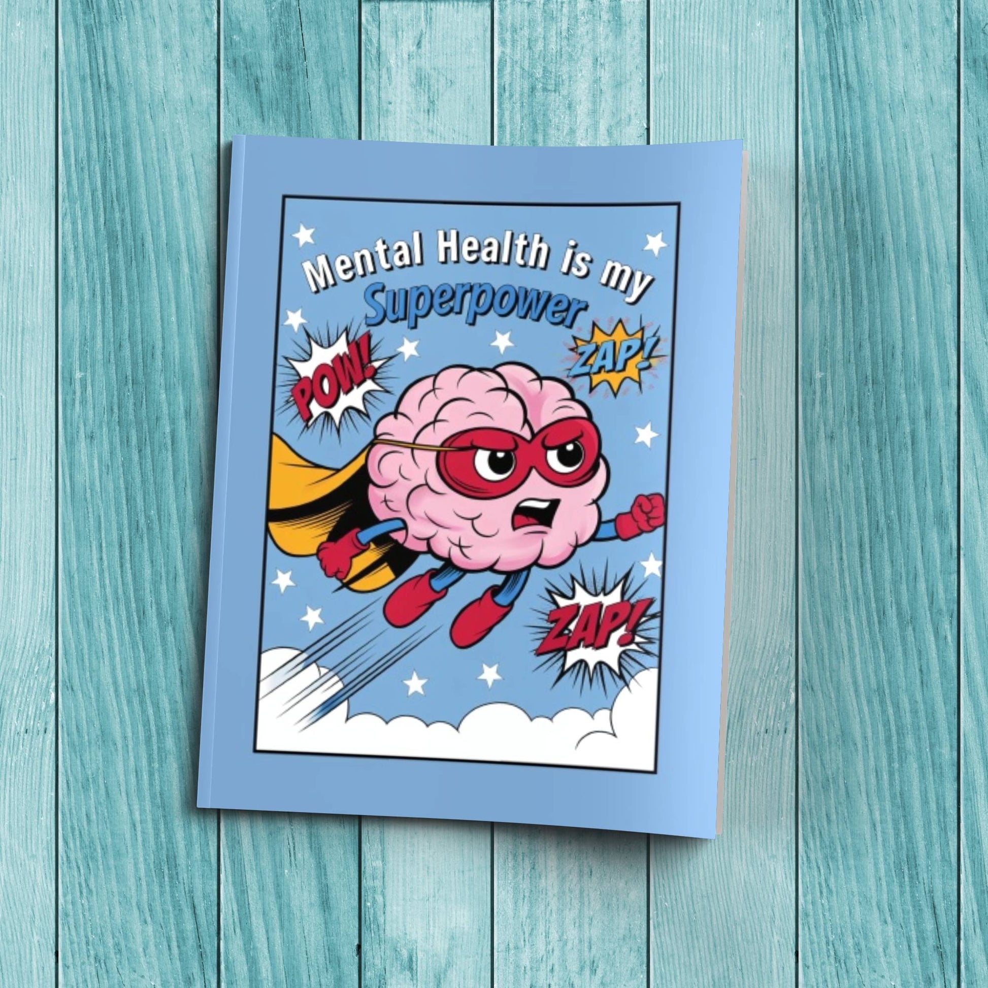 Mental Health Is My Superpower sturdy cardstock cover composition notebook for affirmations, therapy notes, and daily self-care journaling.