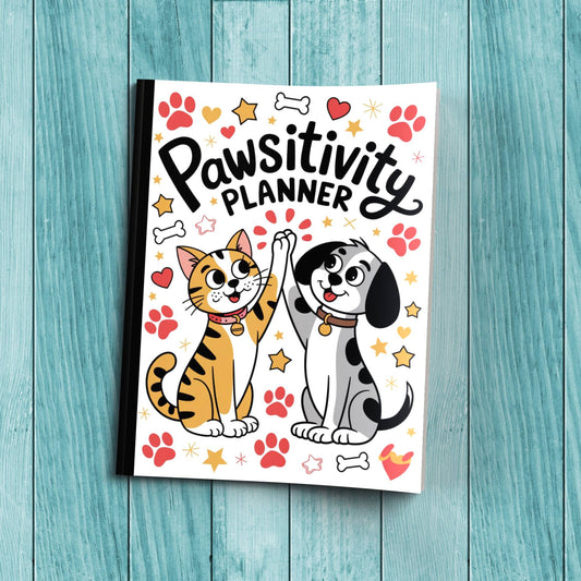 Sturdy cardstock cover Pawsitivity Planner notebook for affirmations, wellness writing, and reflections.