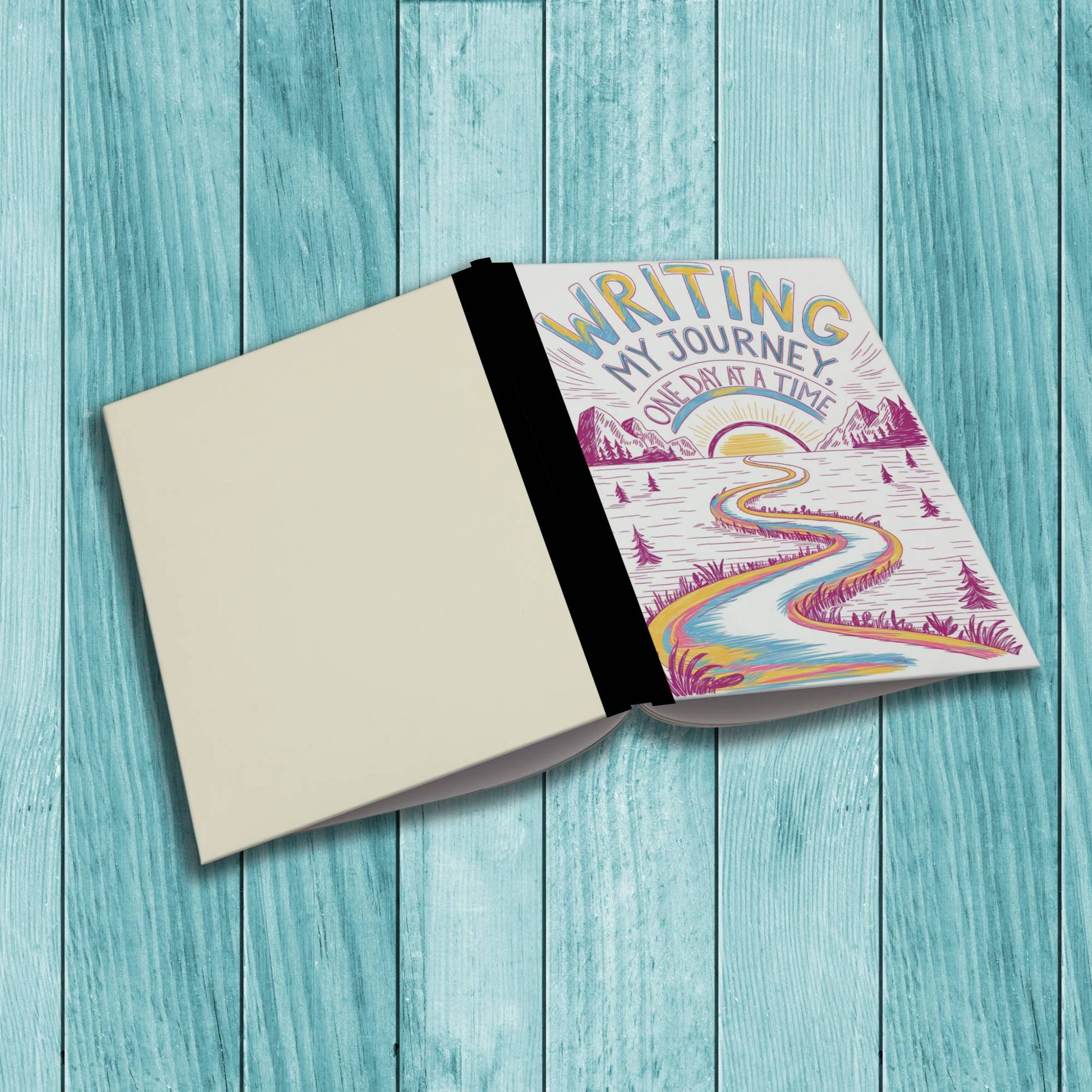 Sturdy cardstock cover Writing My Journey One Day At A Time notebook for journaling, wellness, and mindfulness practices.