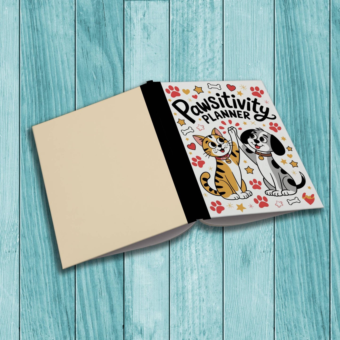 Sturdy cardstock cover Pawsitivity Planner notebook for affirmations, wellness writing, and reflections.