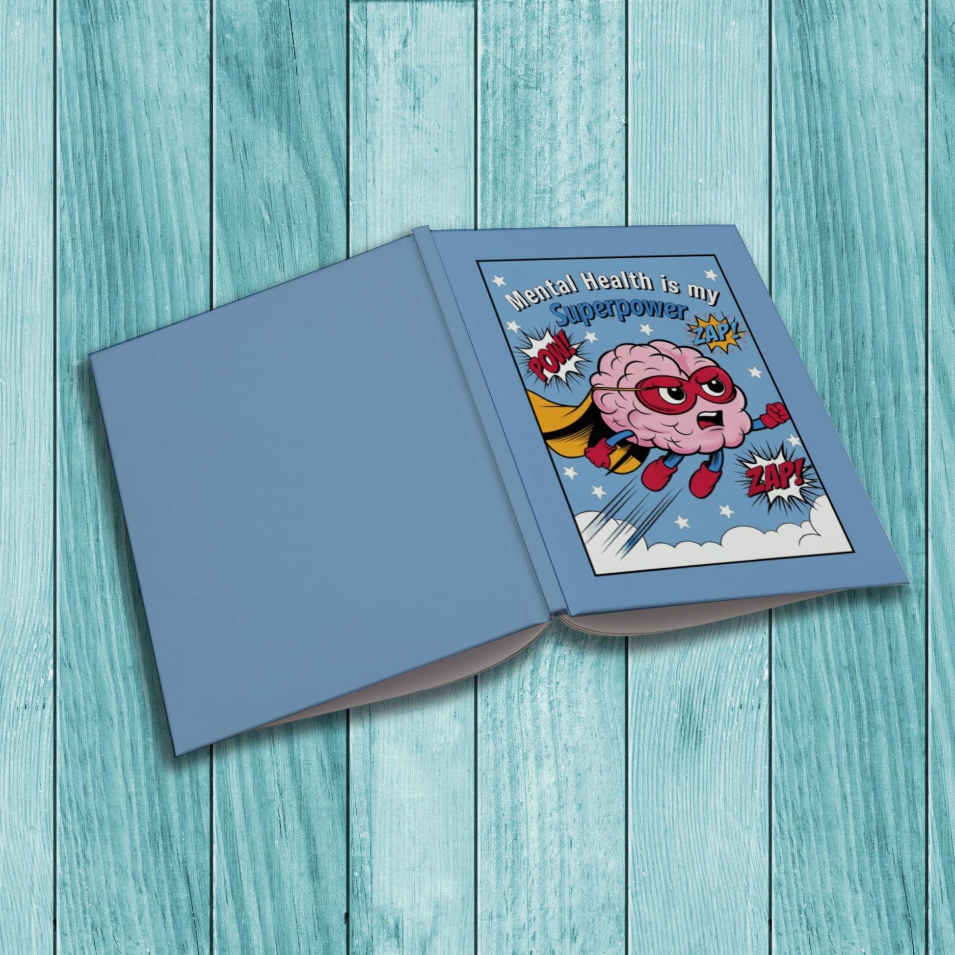 Mental Health Is My Superpower sturdy cardstock cover composition notebook for affirmations, therapy notes, and daily self-care journaling.