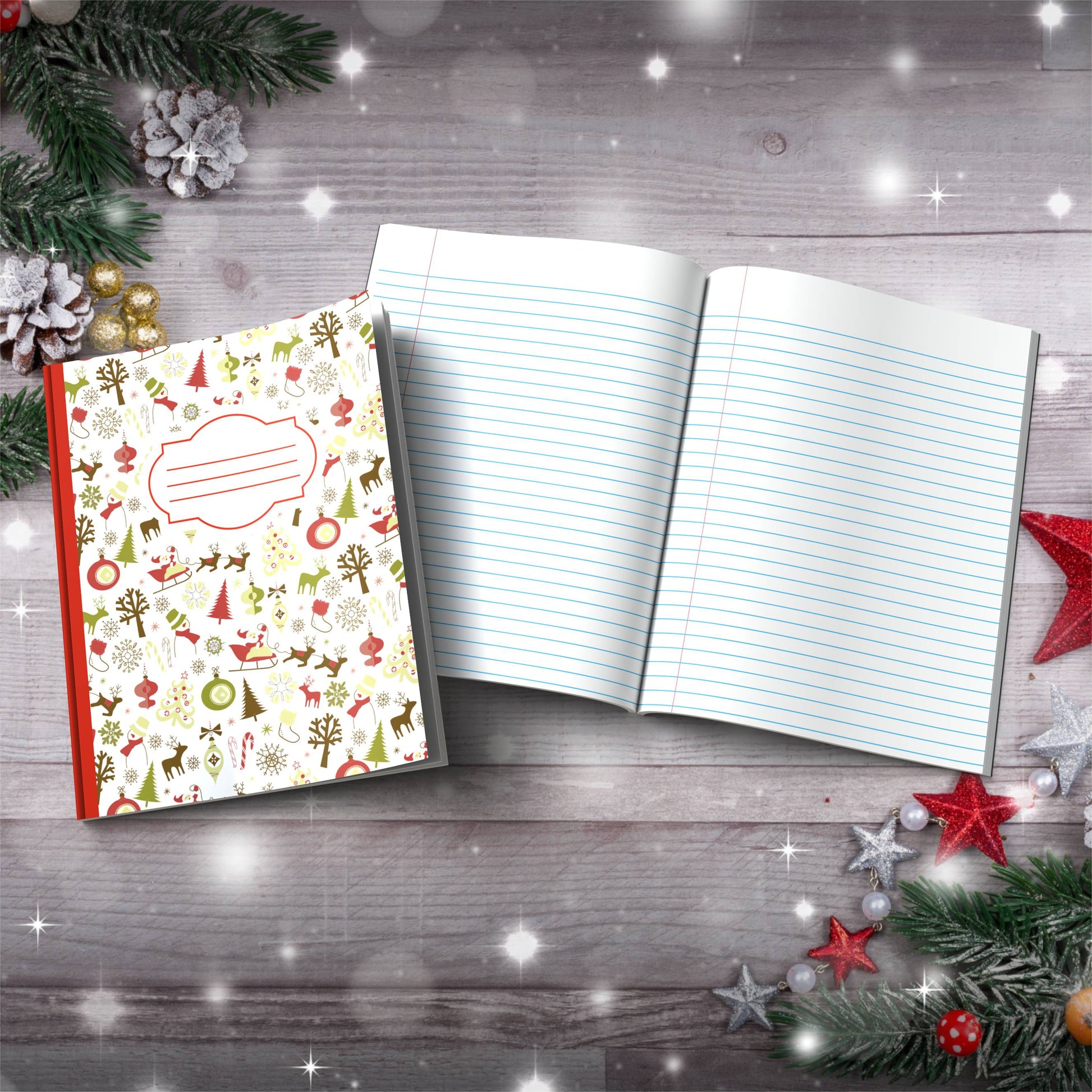 Santa, Stockings, Snowflakes & Stars Paperback Christmas Composition Notebook for journaling and holiday gift ideas